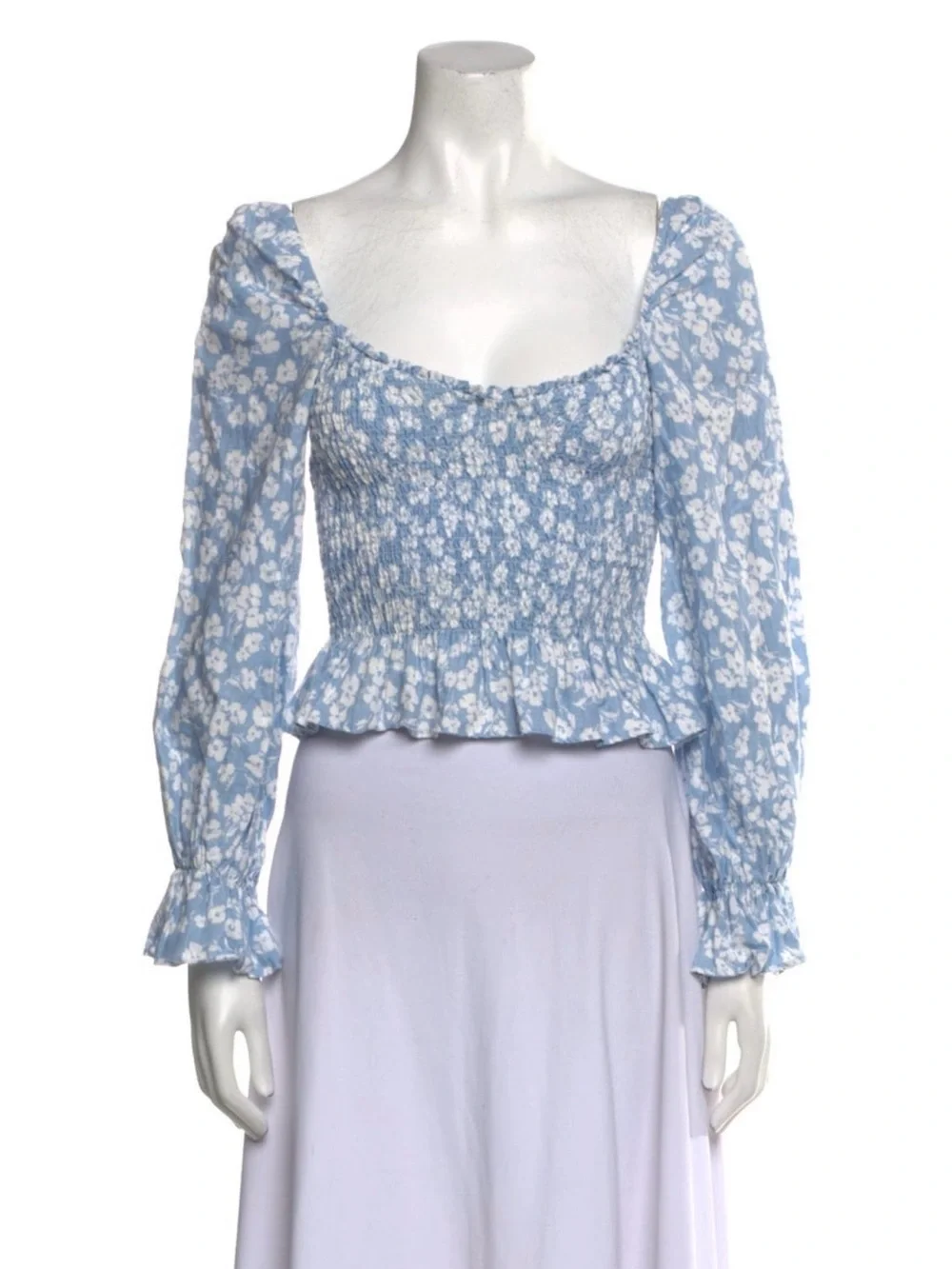 Reformation Blue Floral Linen Smocked Crop Top XS Cottagecore Coastal Chic